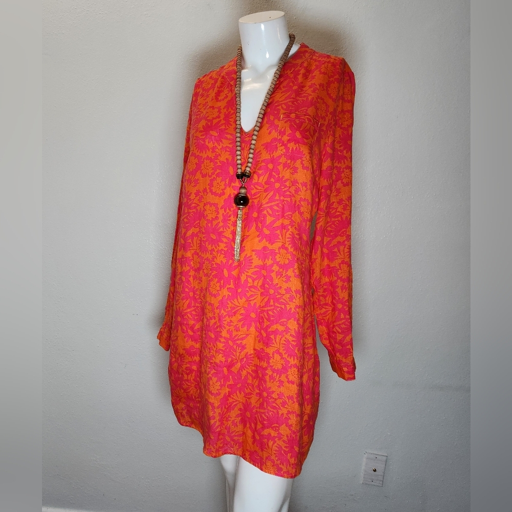 HIHO Bananakeet Orange & Fuchsia 100% Linen Long Sleeve Tunic Dress Size Large
